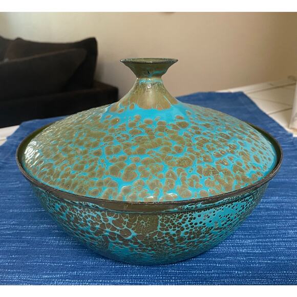 VTG Hanova of Pasadena MCM Aqua Olive Green Lava Enamel Lidded Brutalist Bowl - Picture 2 of 6